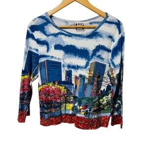 TAKE TWO Top Shirt Wearable Art Sequin and Bead Accents Y2K 3/4 Women’s Large